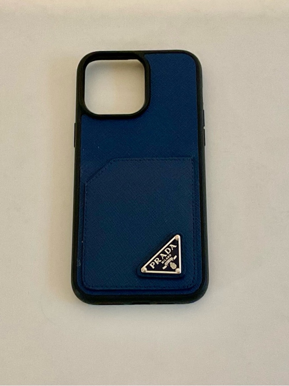 Prada Blue Saffiano Card Pocket iPhone 13 Pro Max  Case with Black Trim
